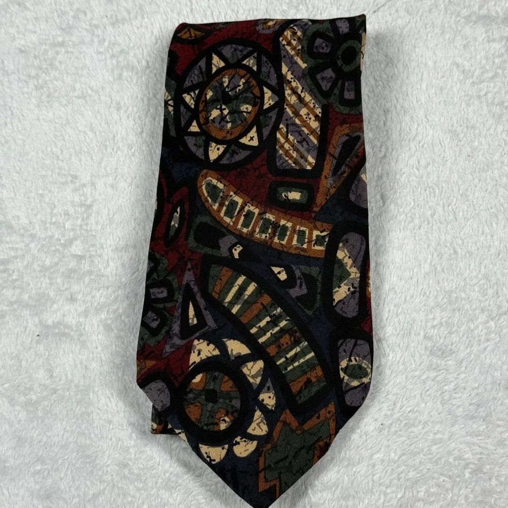 Nordstrom Silk Necktie Mens OS Burgundy Navy Abstract Geometric Hand Sewn Italy